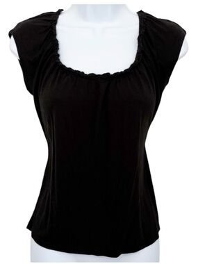 TALBOTS Black Ruched Neck Blouse Short Sleeve Soft Stretch Top Women’s XS